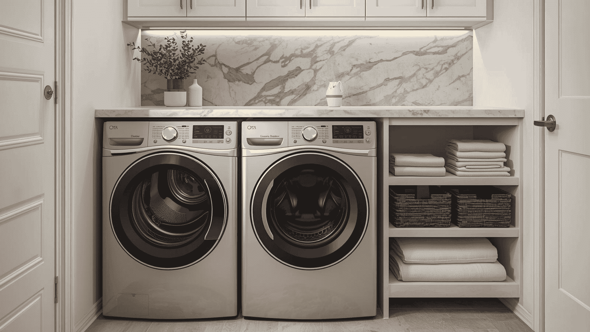 A Marble Look Folding Counter With Waterfall Edge in small laundry room with washing machine