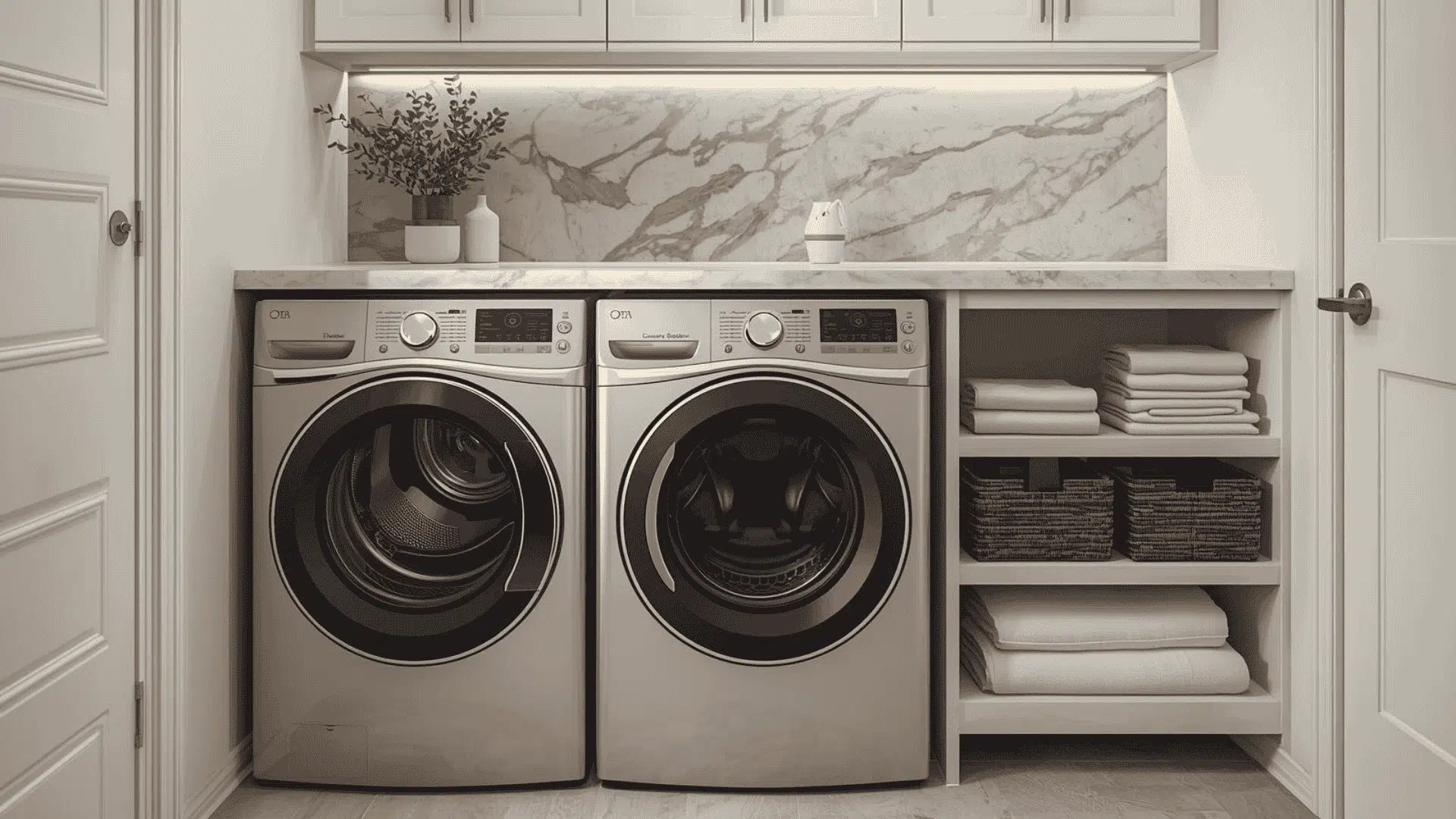 A Marble Look Folding Counter With Waterfall Edge in small laundry room with washing machine