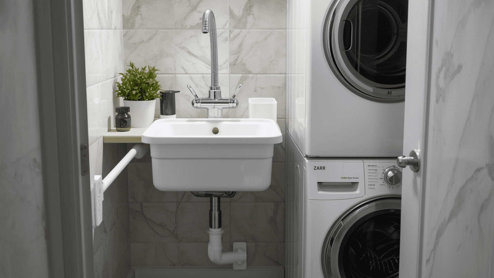 A Small Utility Sink in small laundry rooom