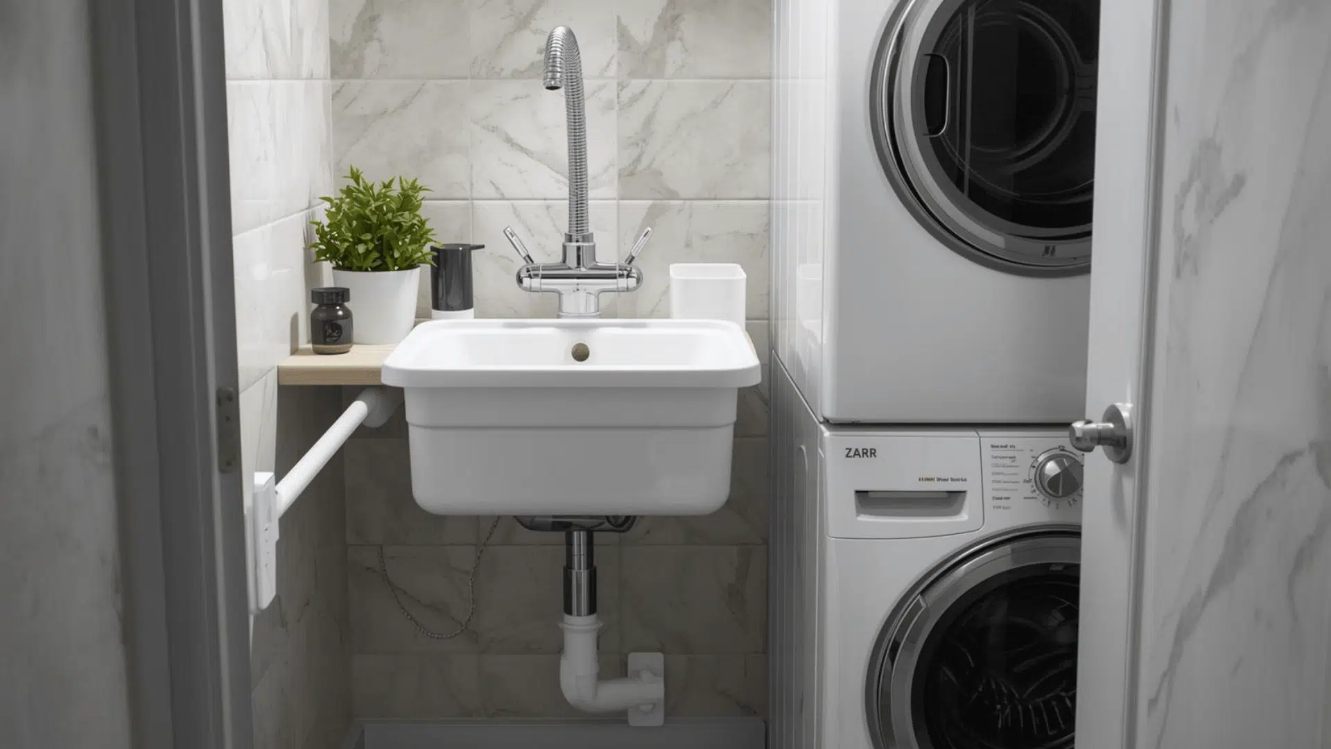 A Small Utility Sink in small laundry rooom