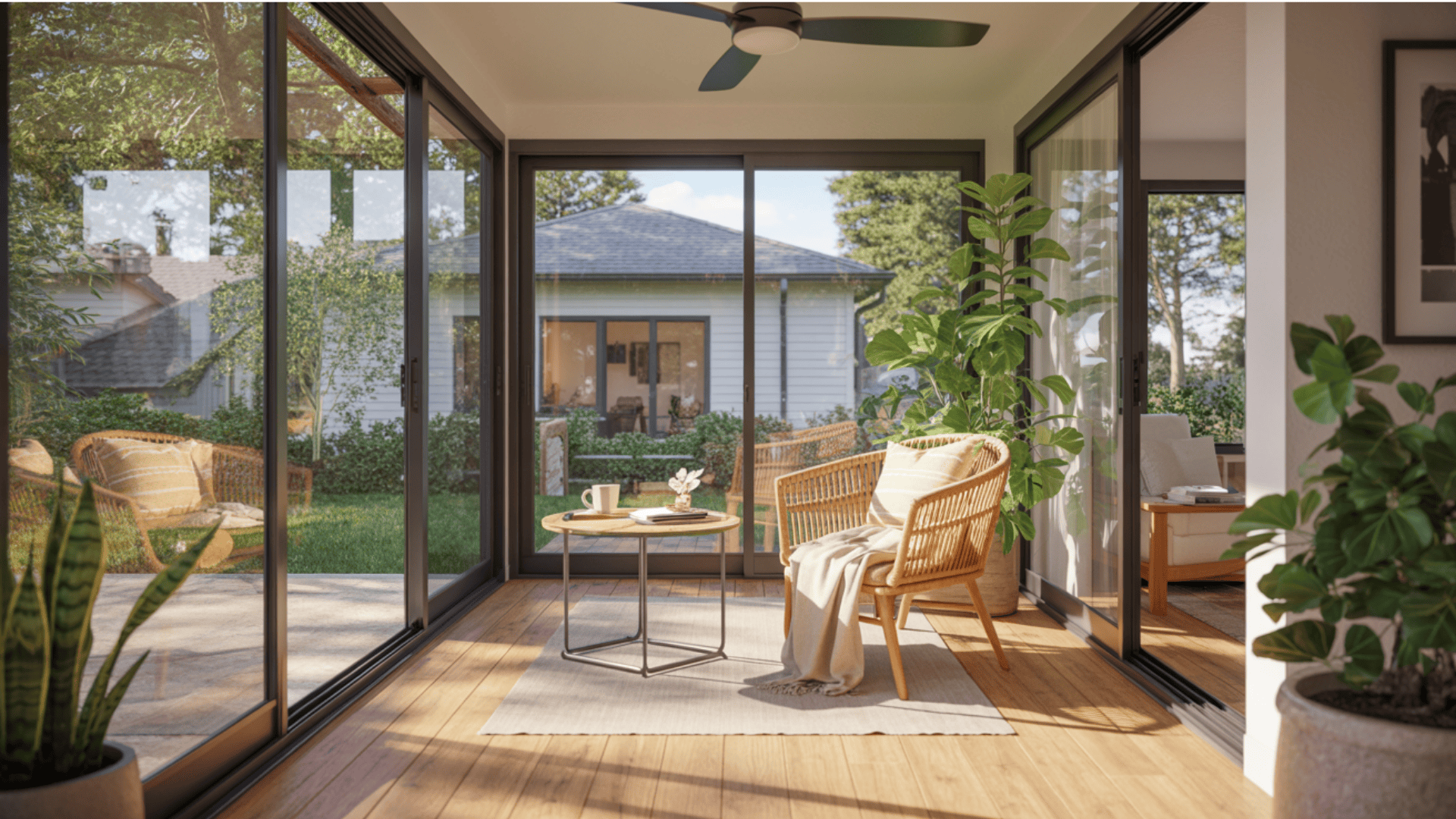 A bright sunroom featuring a table surrounded by chairs, inviting natural light, and a cozy atmosphere.