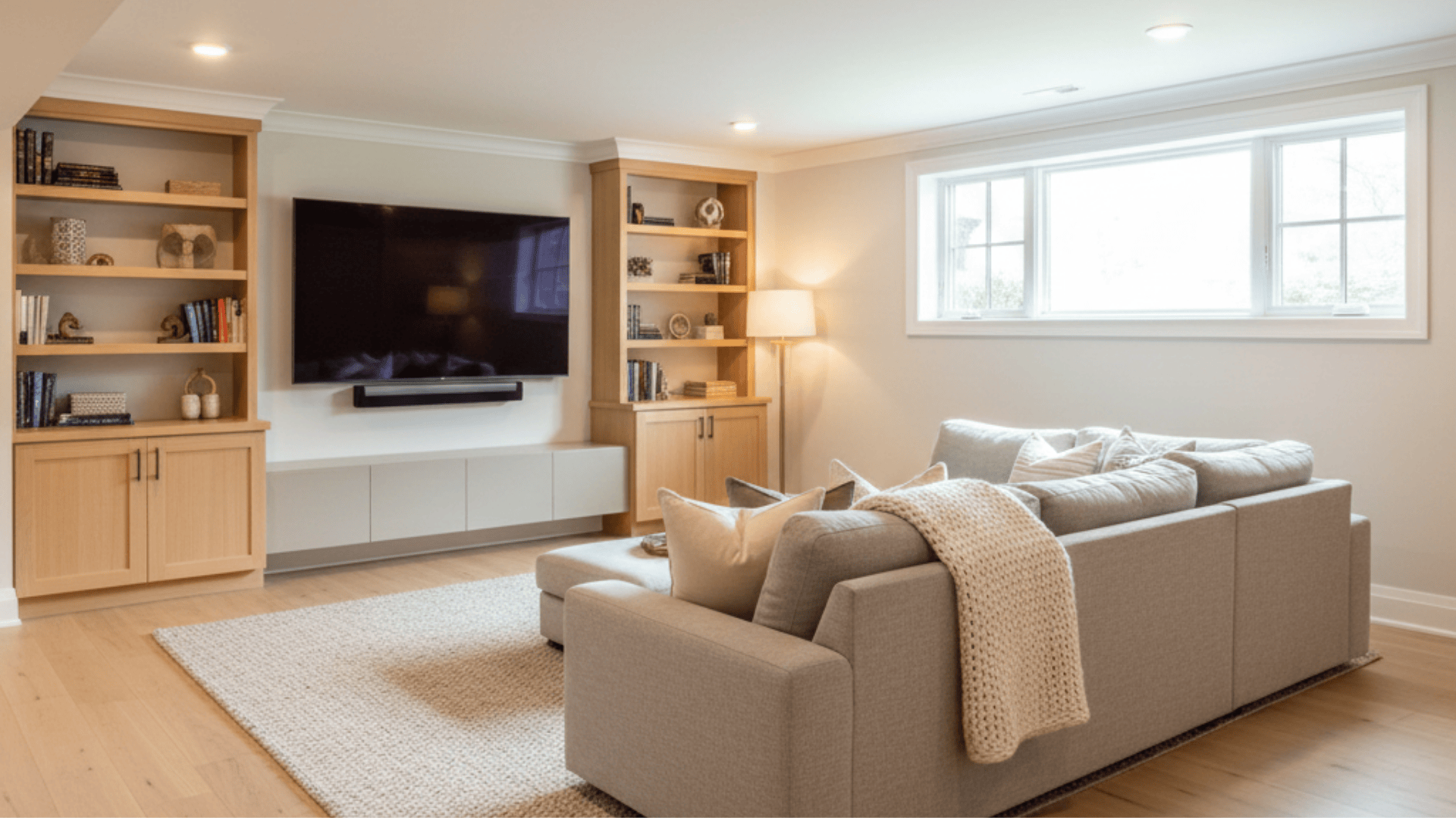 A cozy family room in a basement featuring a couch, television, and a bookcase filled with books
