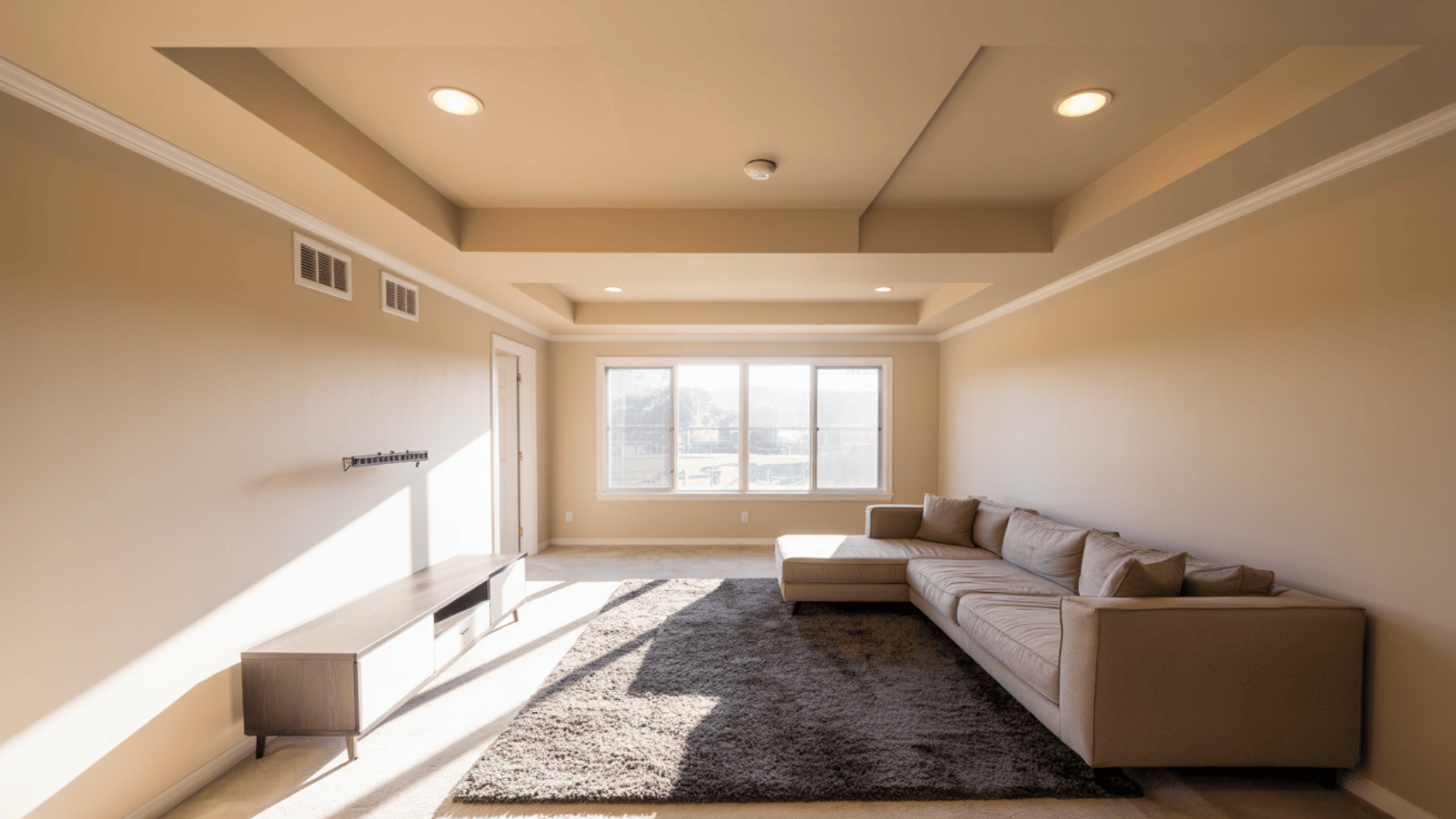 A cozy living room above a garage featuring a couch and a large window letting in natural light