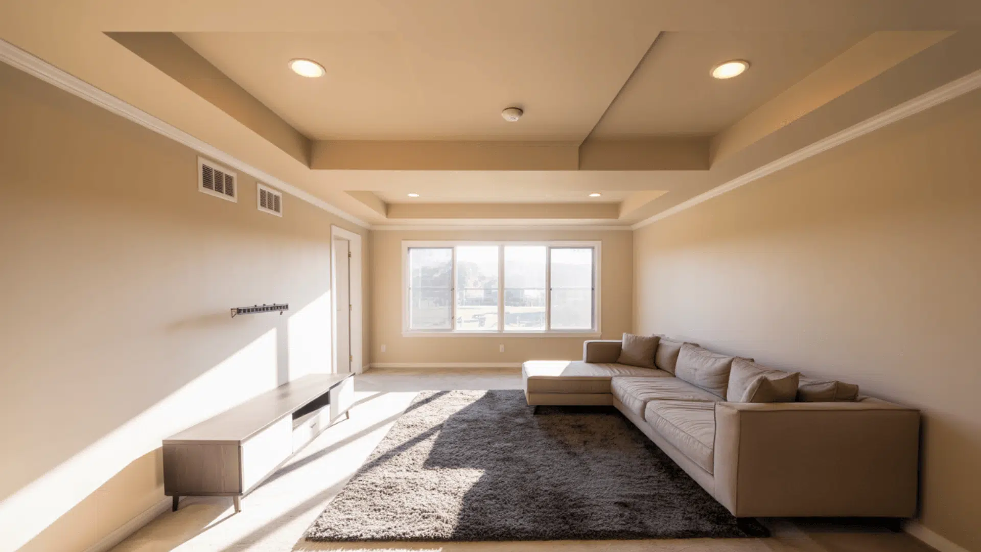 A cozy living room above a garage featuring a couch and a large window letting in natural light
