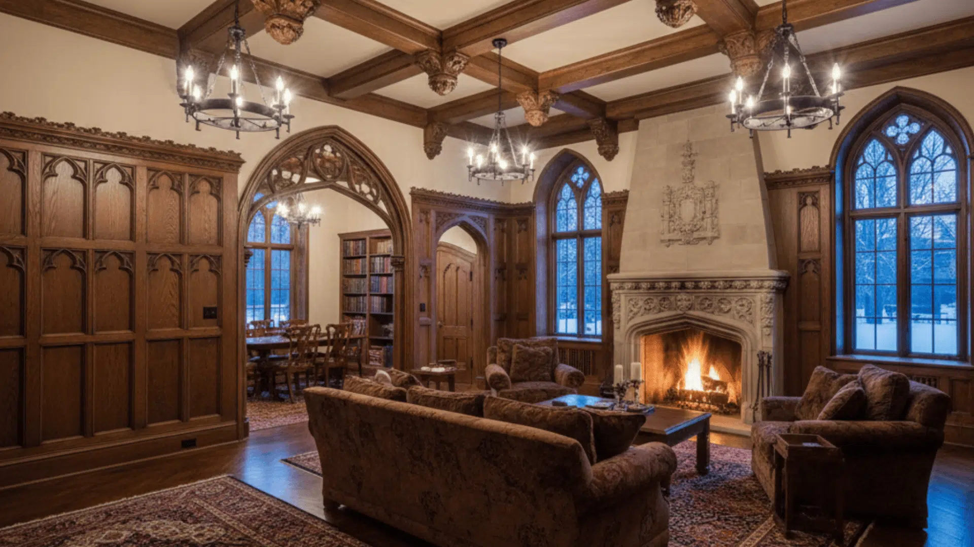A-cozy-living-room-featuring a fireplace and elegant wood paneling on the wall .