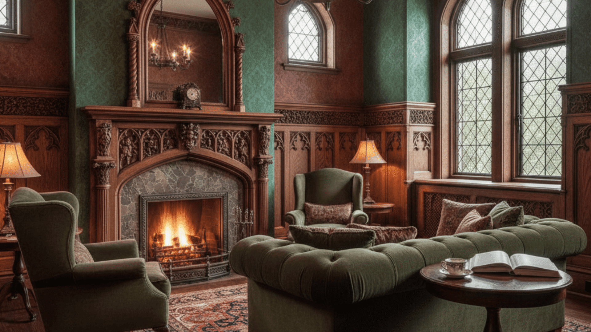 A cozy living room featuring green furniture and a fireplace, styled with a gothic architecture color palette.