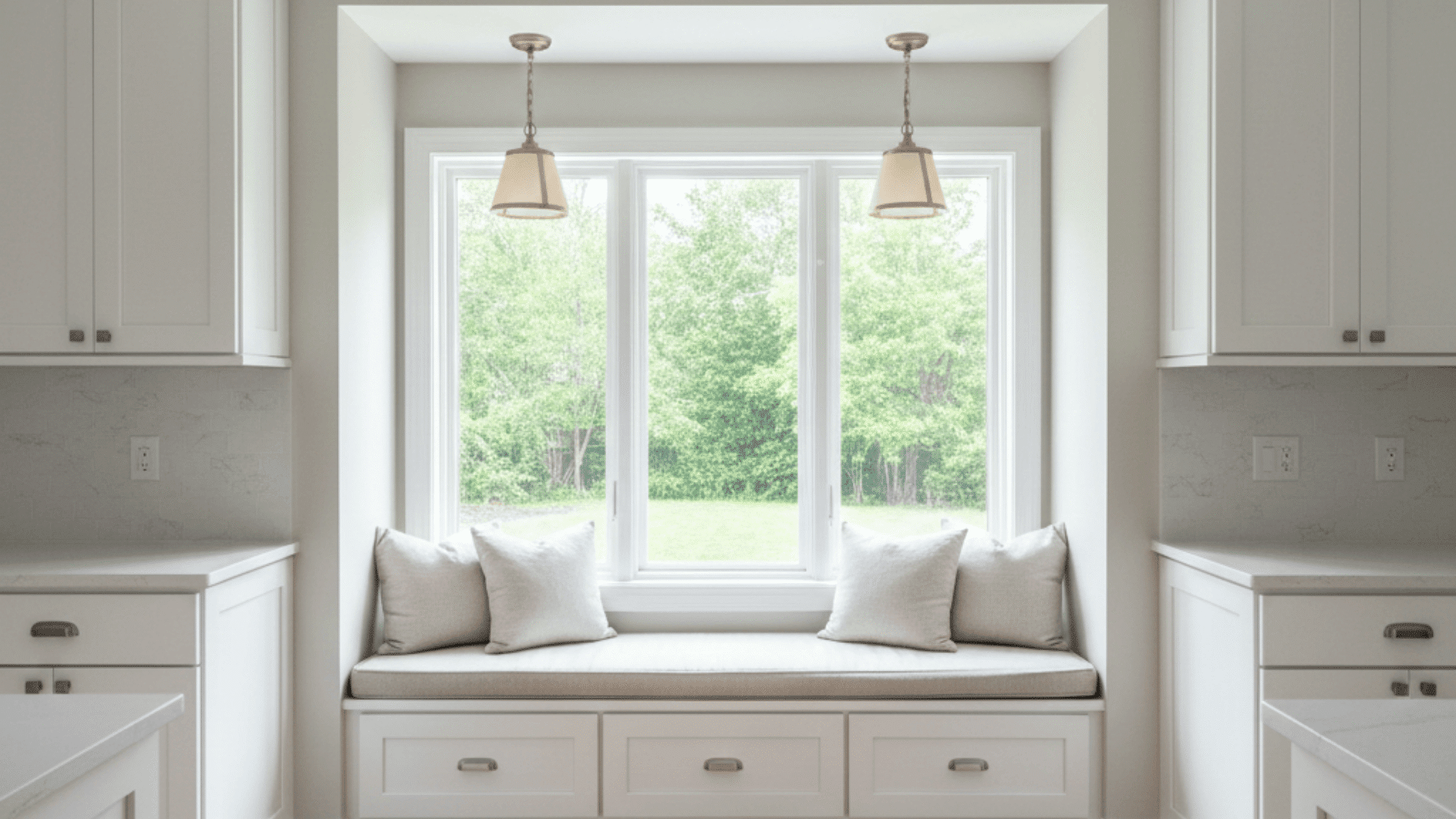 A cozy window seat in a bright white kitchen featuring sleek white cabinets.