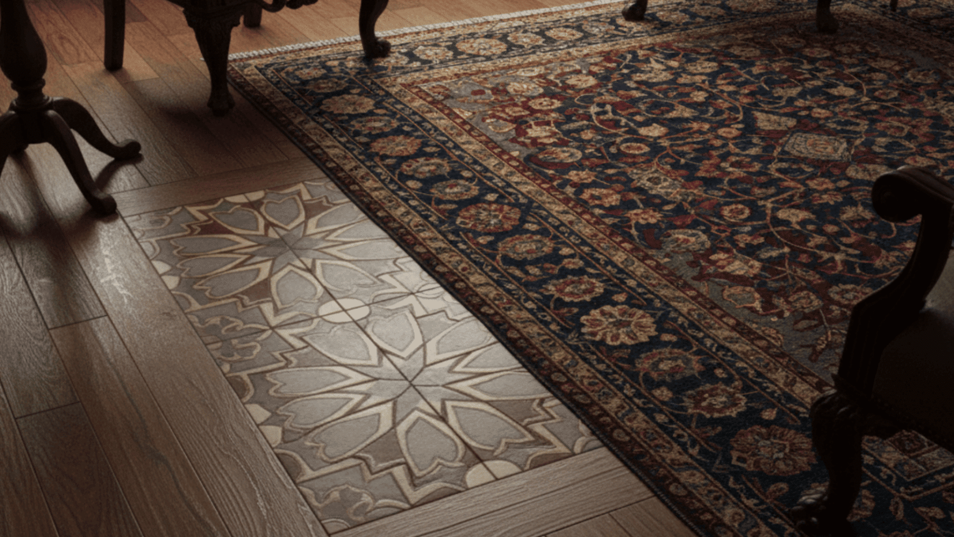 _A decorative rug on the floor of a room featuring intricate gothic architecture details.