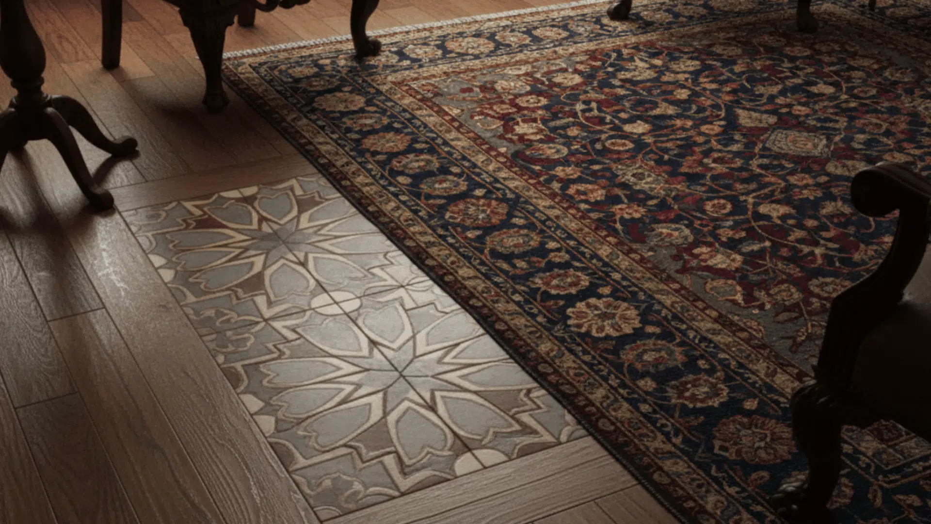_A decorative rug on the floor of a room featuring intricate gothic architecture details.