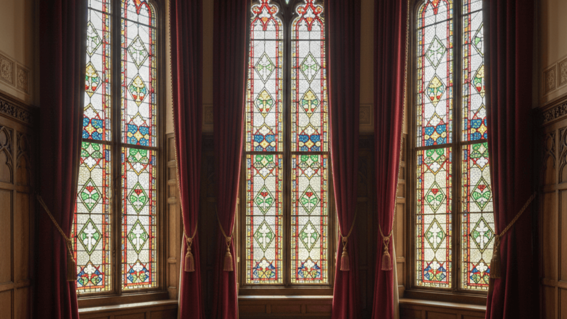 A gothic-style room with three tall windows framed by rich red curtains, enhancing the room's grandeur and charm.