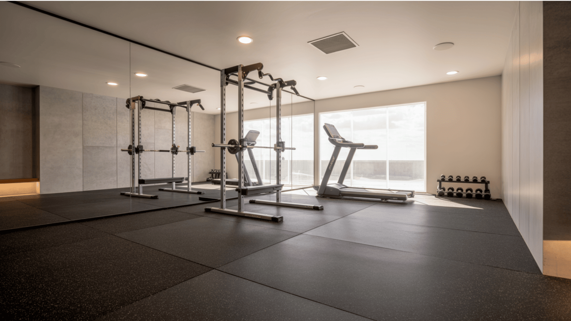 A home gym with mirrors and various exercise equipment arranged for workouts