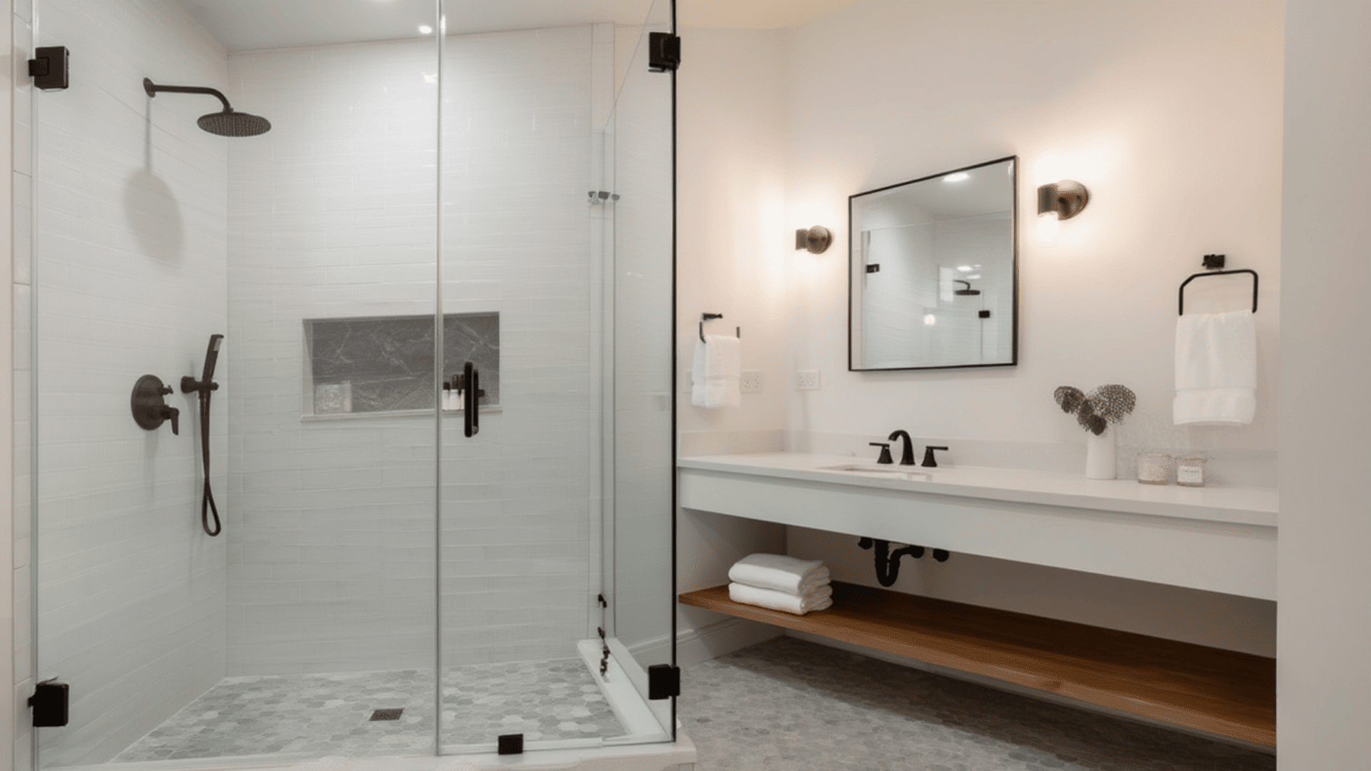 A modern bathroom featuring a glass shower door and a sink, showcasing a clean and minimalist design.