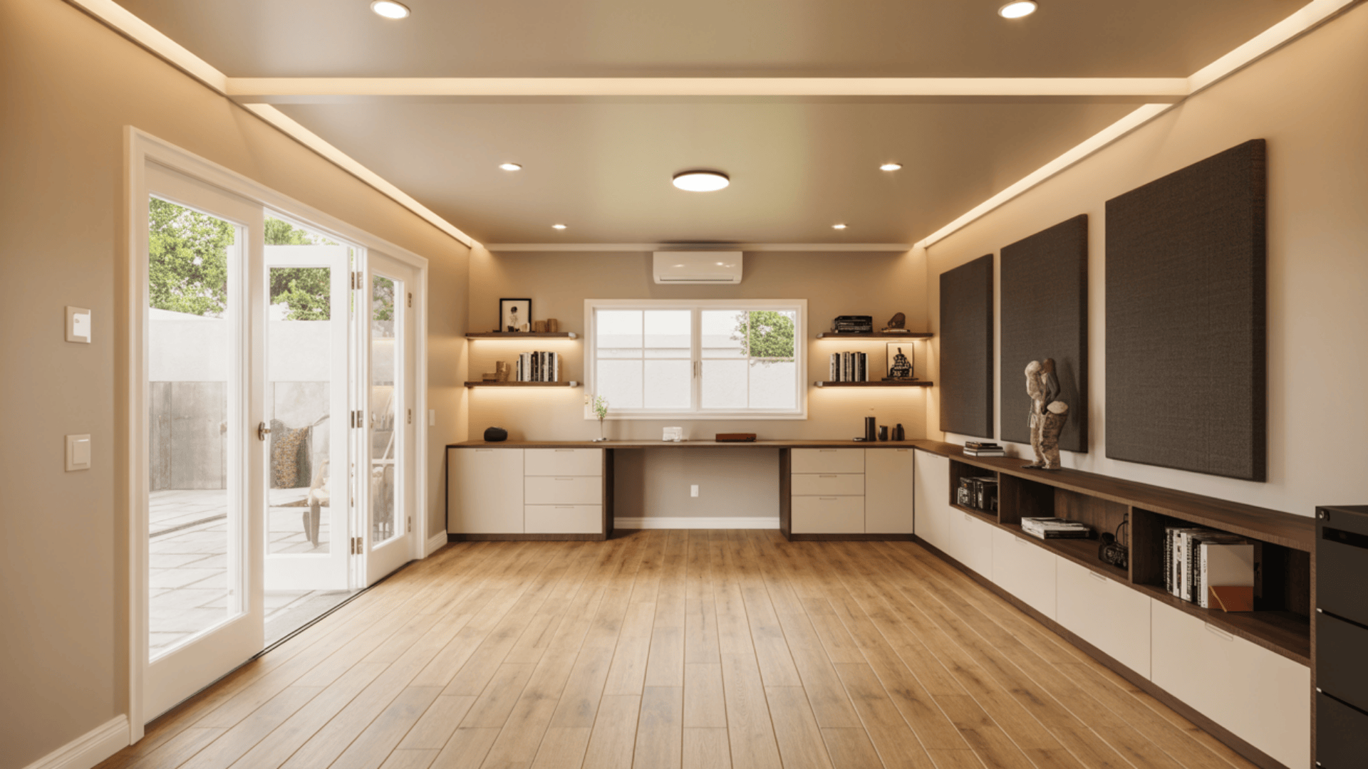 A modern home office in a converted garage, featuring a desk and a large window for natural light