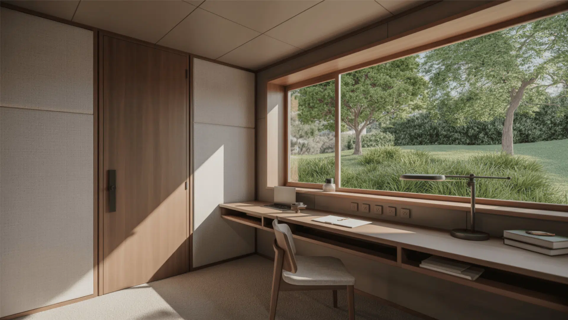 A modern office with a sleek desk and a large window allowing natural light to enter the space