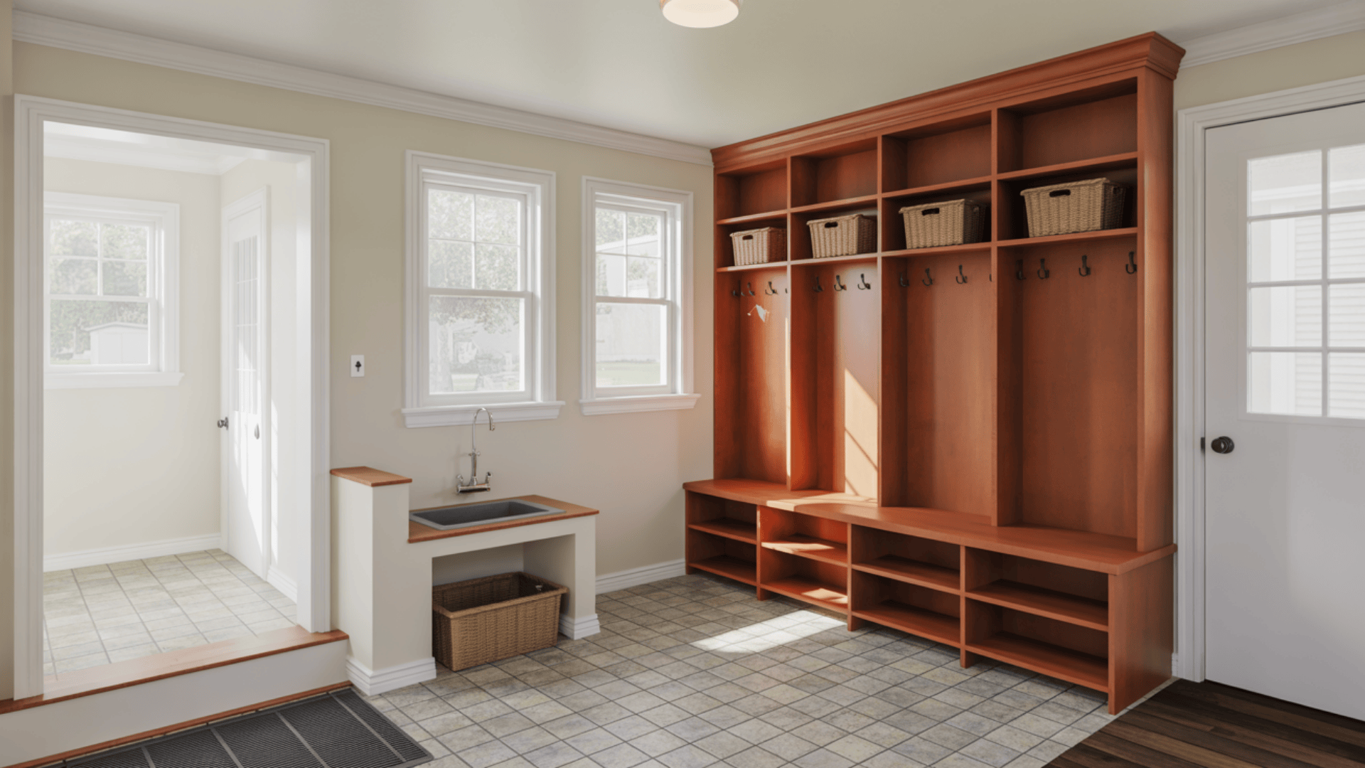 A mud room with a wooden bench and organized storage for shoes and outdoor gear