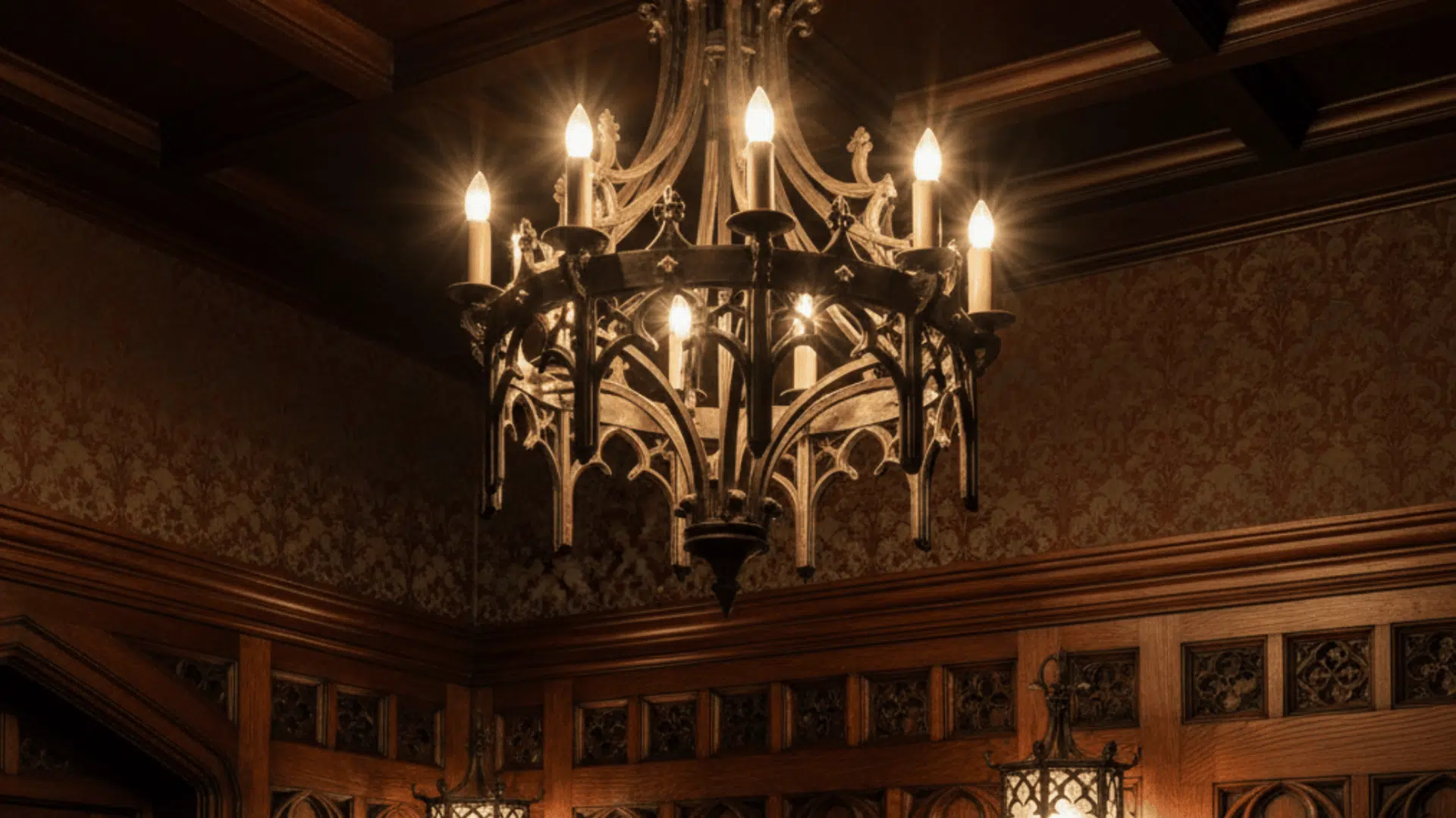 A stunning gothic chandelier is suspended in a room featuring warm wood paneling, adding a touch of sophistication.
