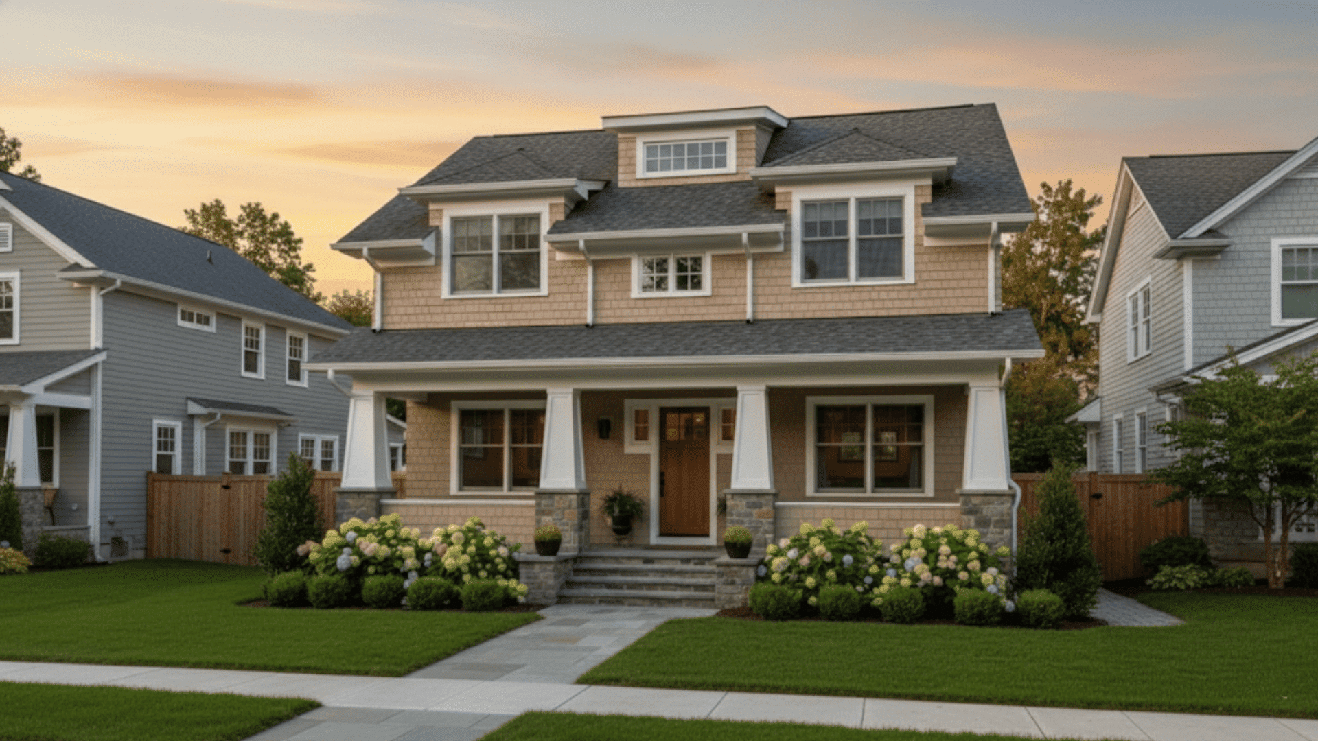 A two-story home with a well-maintained front yard.