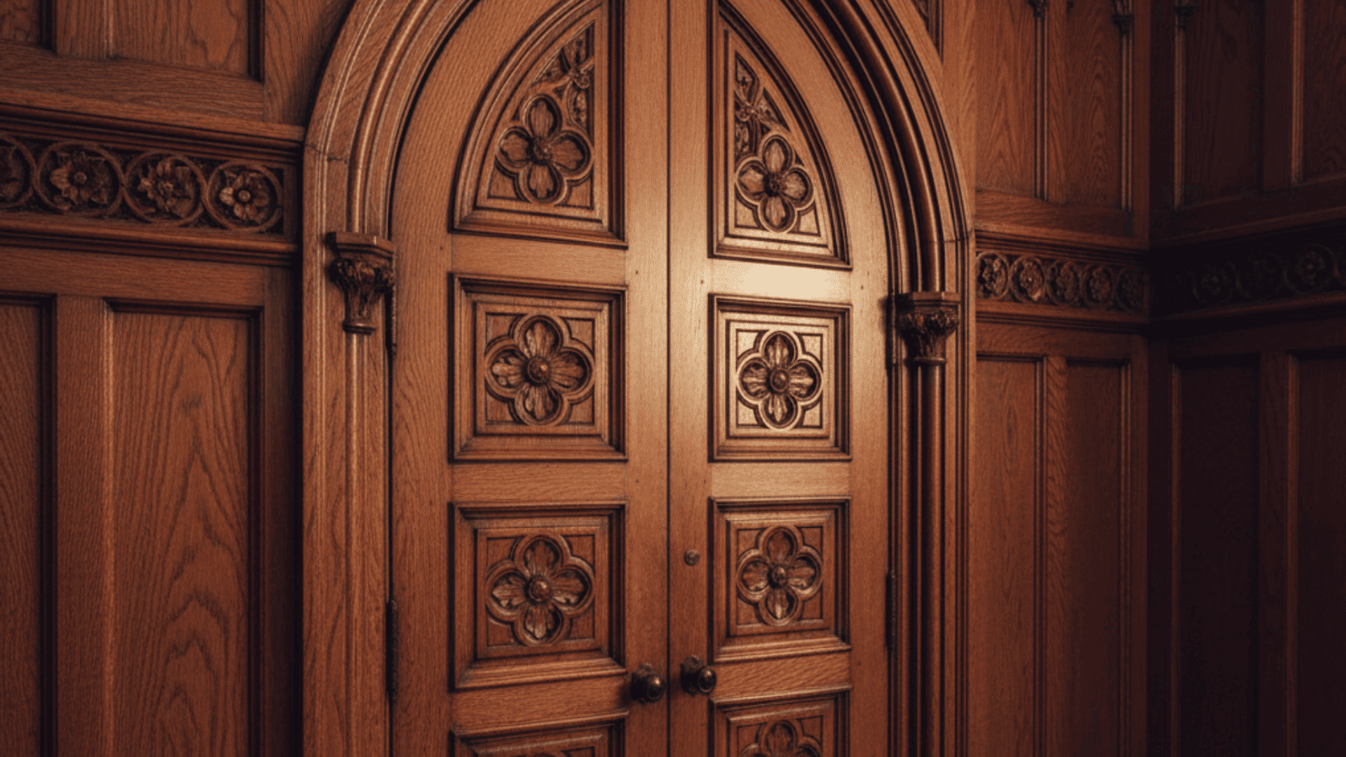 A wooden door featuring intricate carved designs, showcasing craftsmanship and artistic detail.