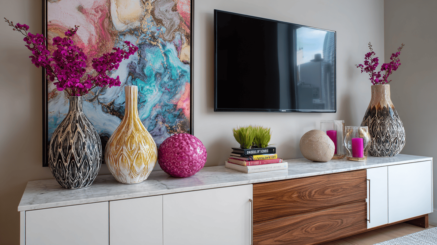 TV stand decorated with colorful accent pieces, adding visual interest and personality