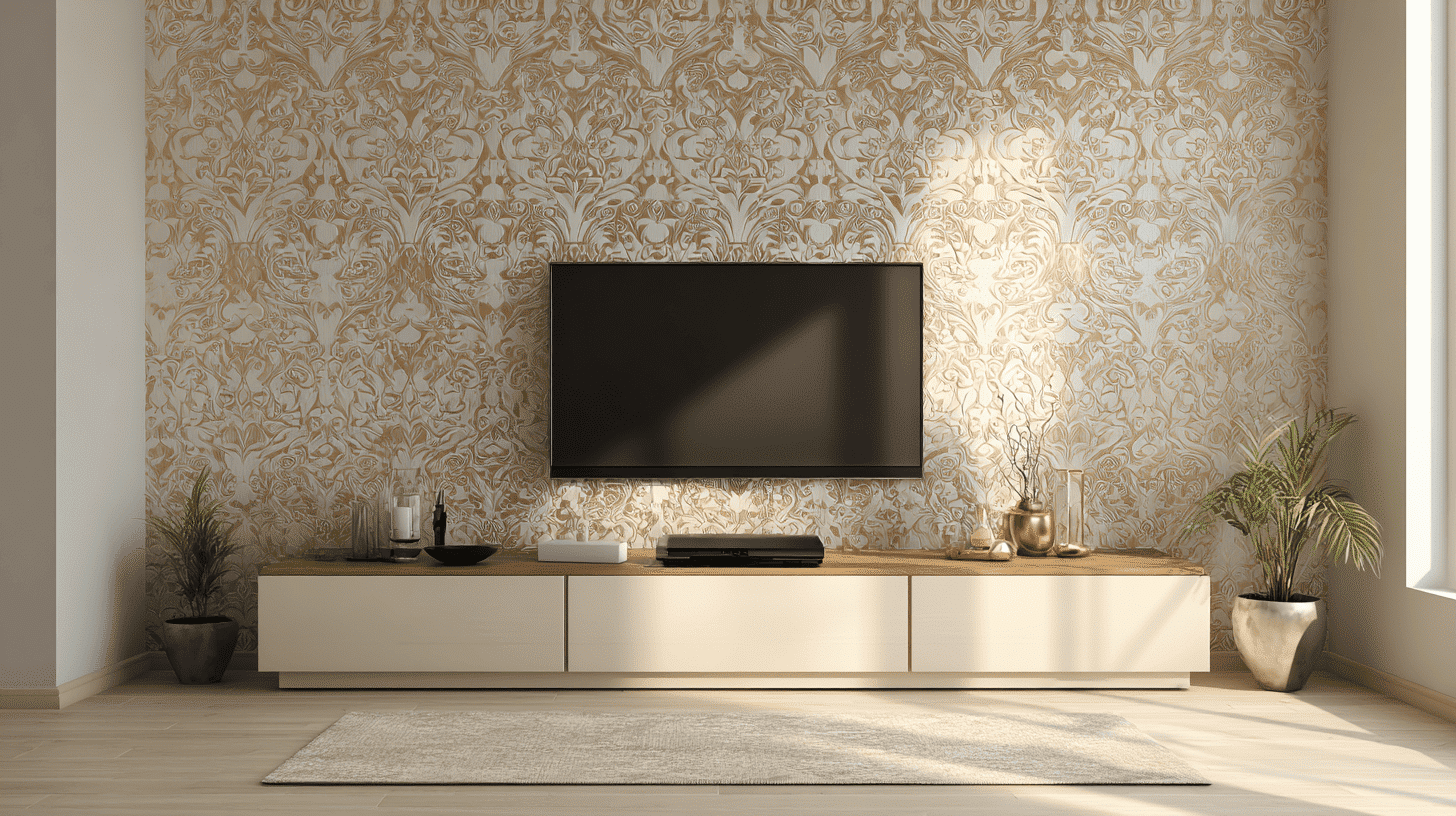 TV stand with accent wallpaper backdrop, adding texture and visual interest to the wall