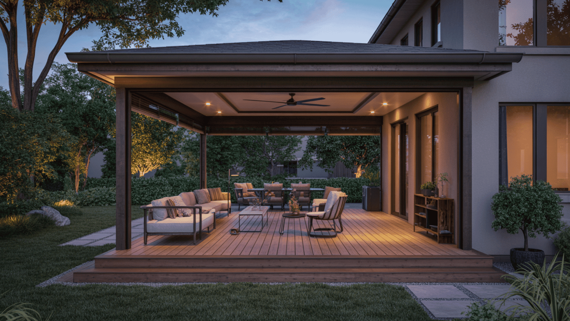 An outdoor patio showcasing a wooden deck and a ceiling fan