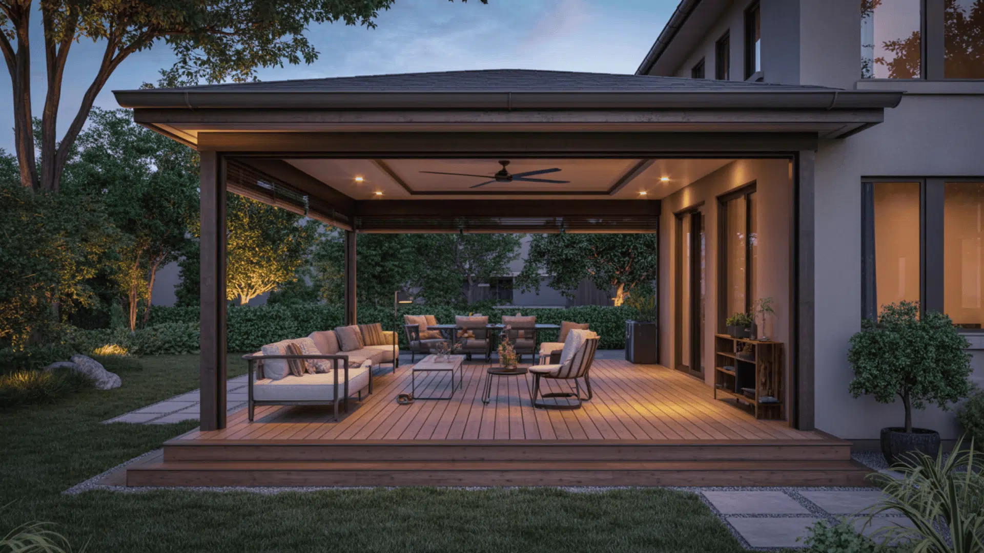 An outdoor patio showcasing a wooden deck and a ceiling fan