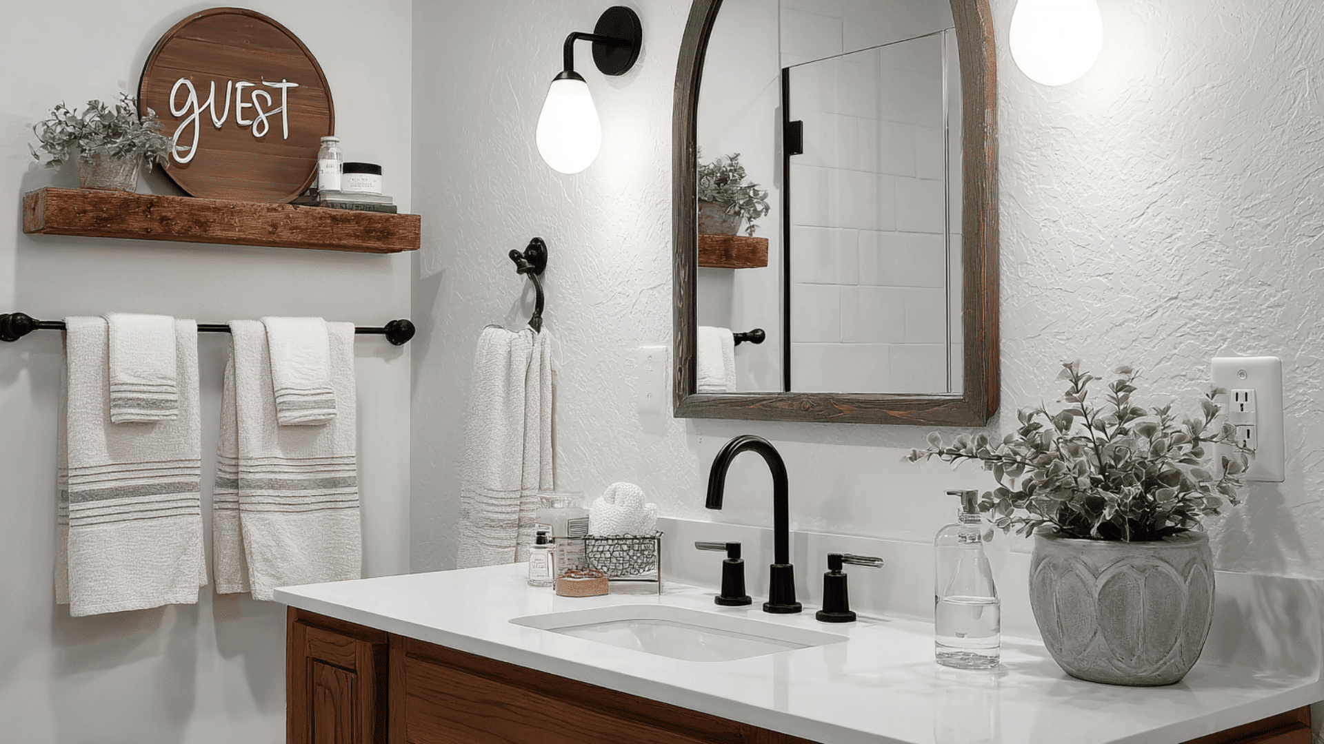 Arched Mirror Moment With Iron Sconces