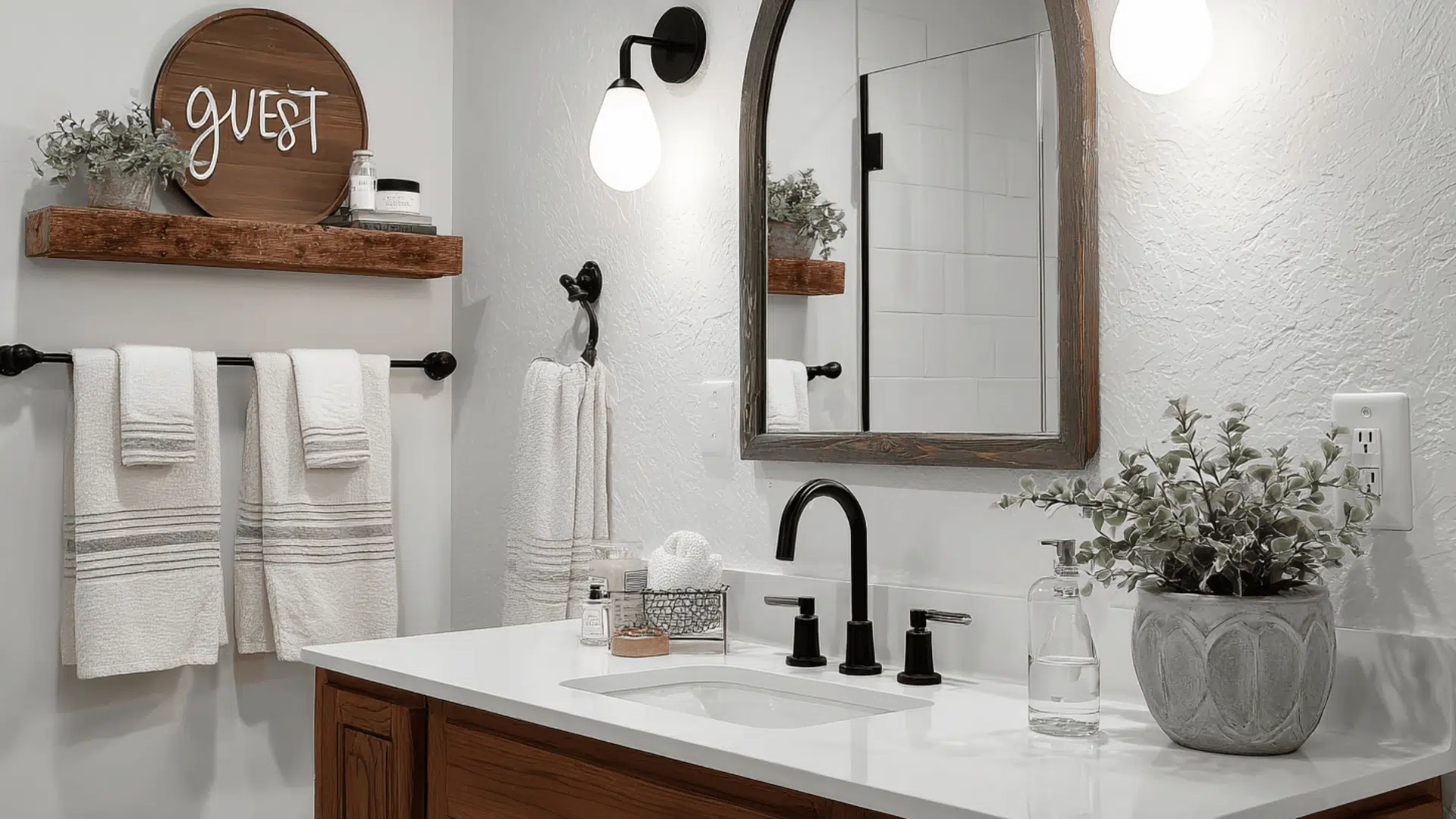 Arched Mirror Moment With Iron Sconces
