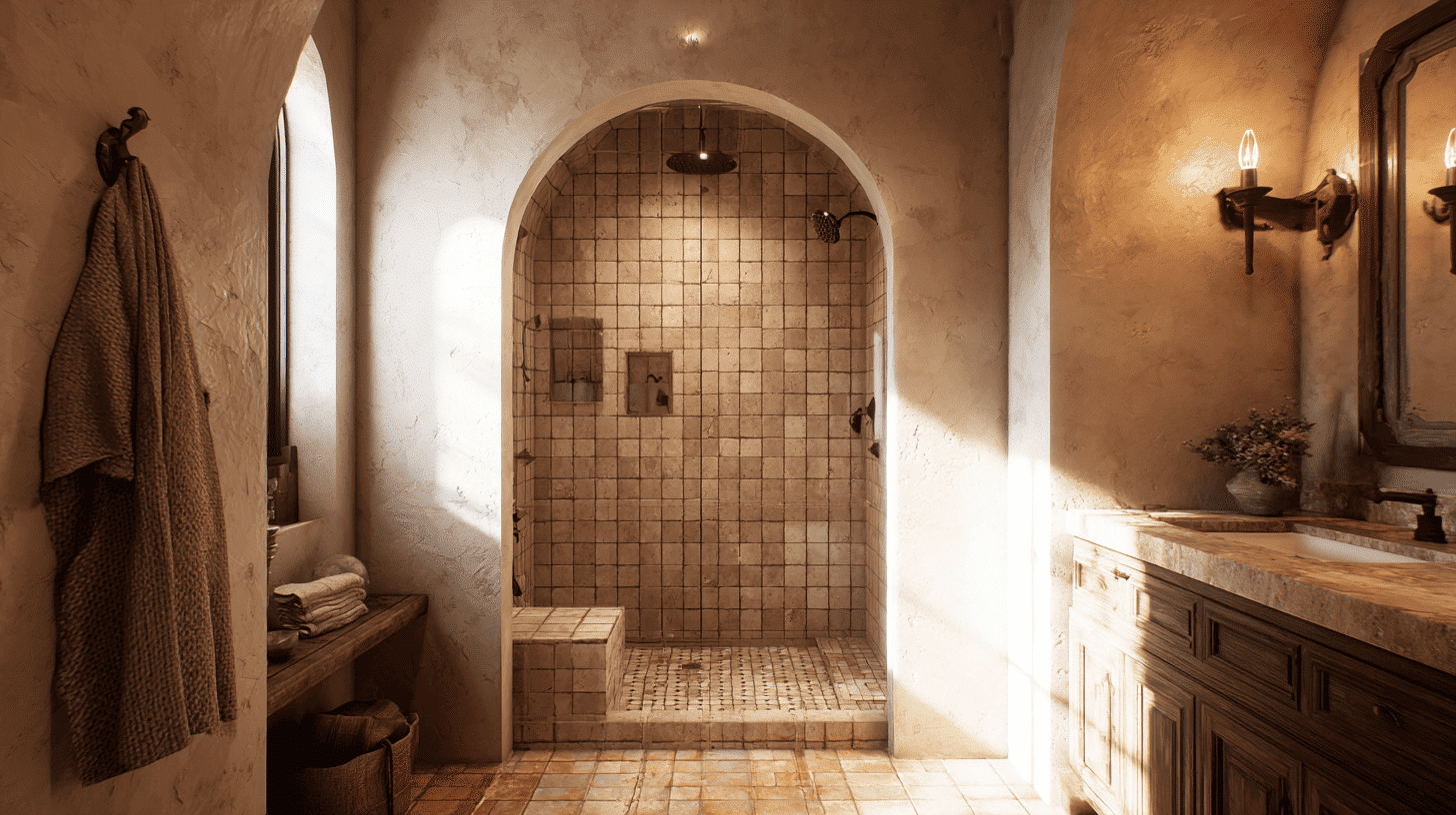 Arched Shower Entry Spanish Bathroom