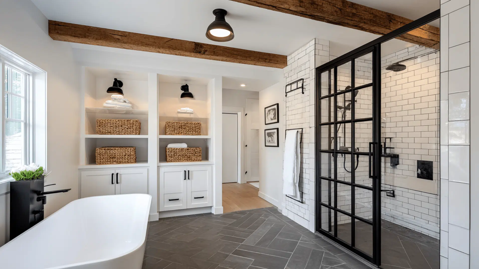 Black Grid Glass Shower With Farmhouse Edge