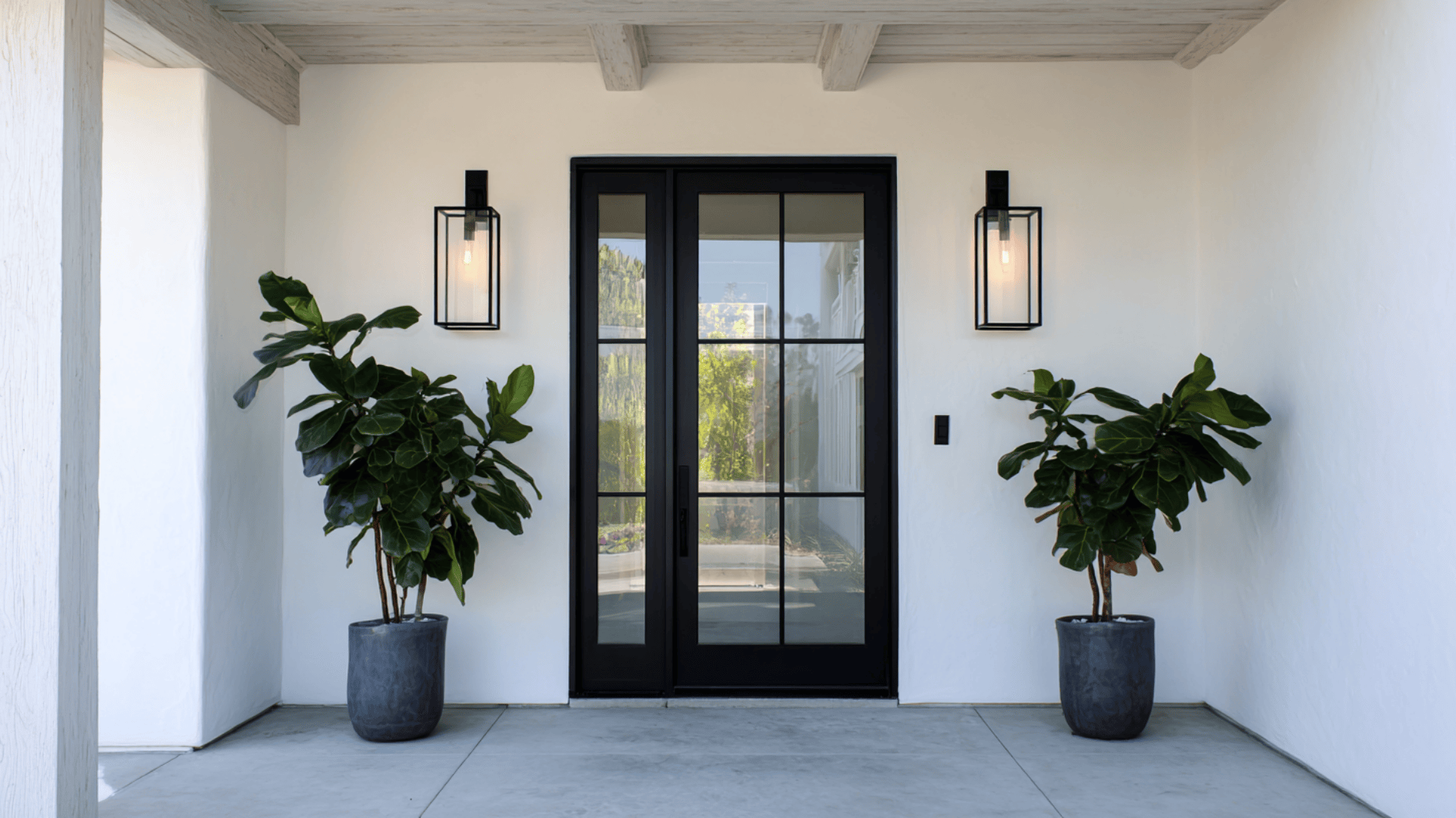 Black Lantern Lighting with a Simple Porch Ceiling