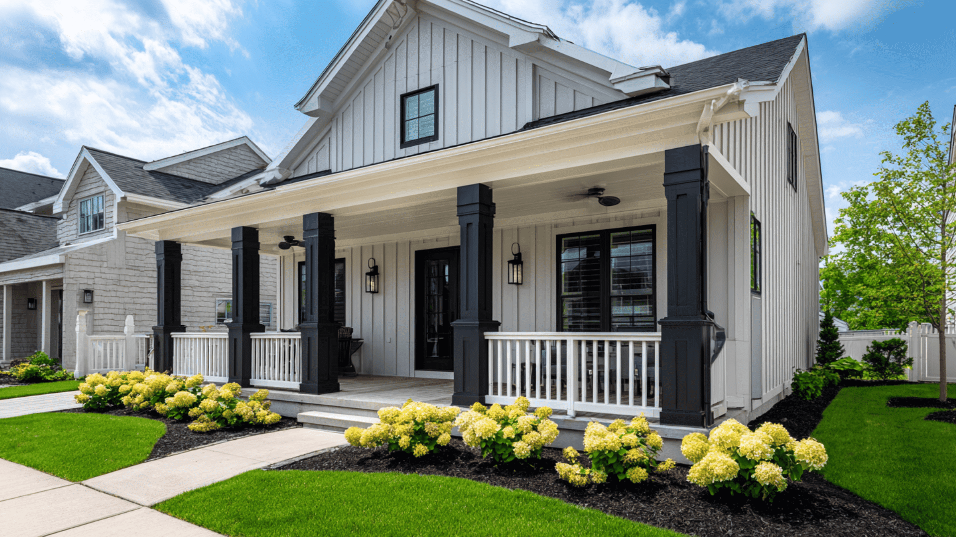 Black Porch Posts with White Railings
