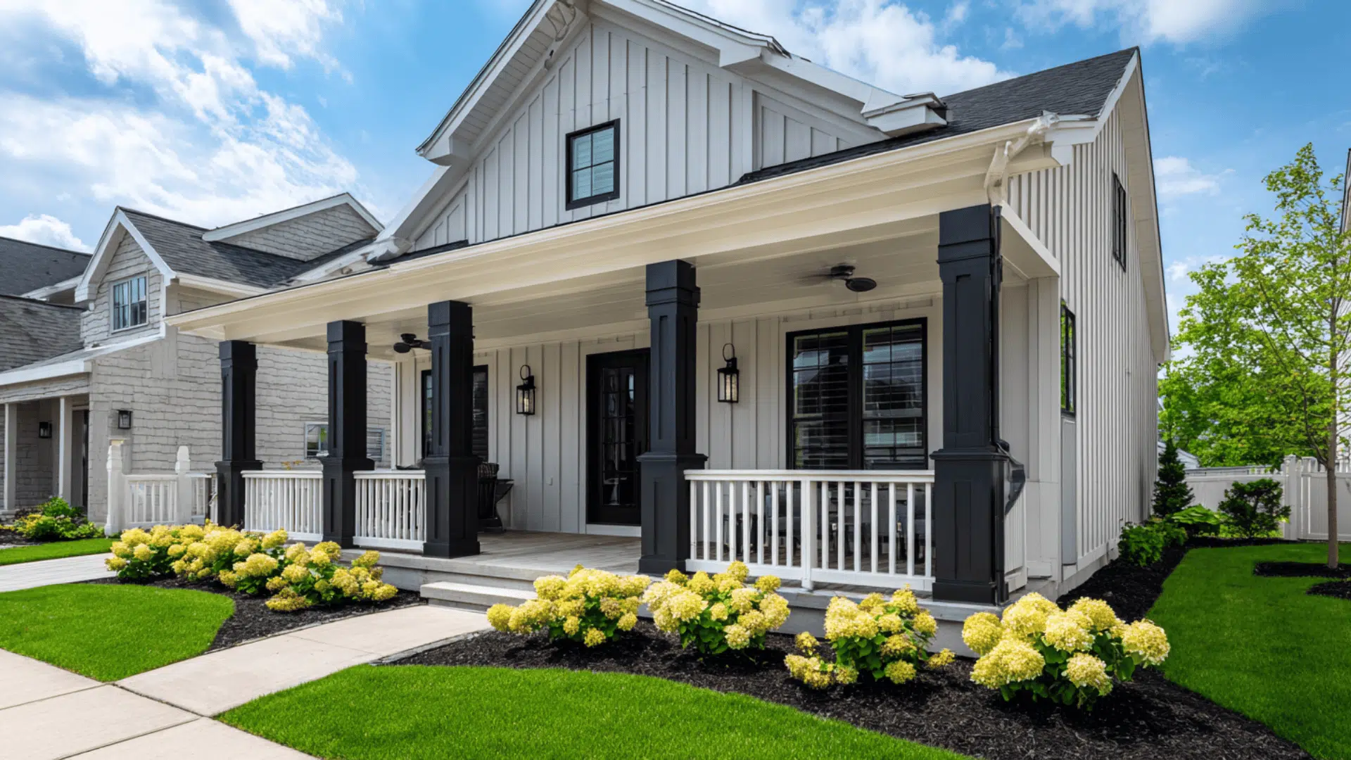 Black Porch Posts with White Railings