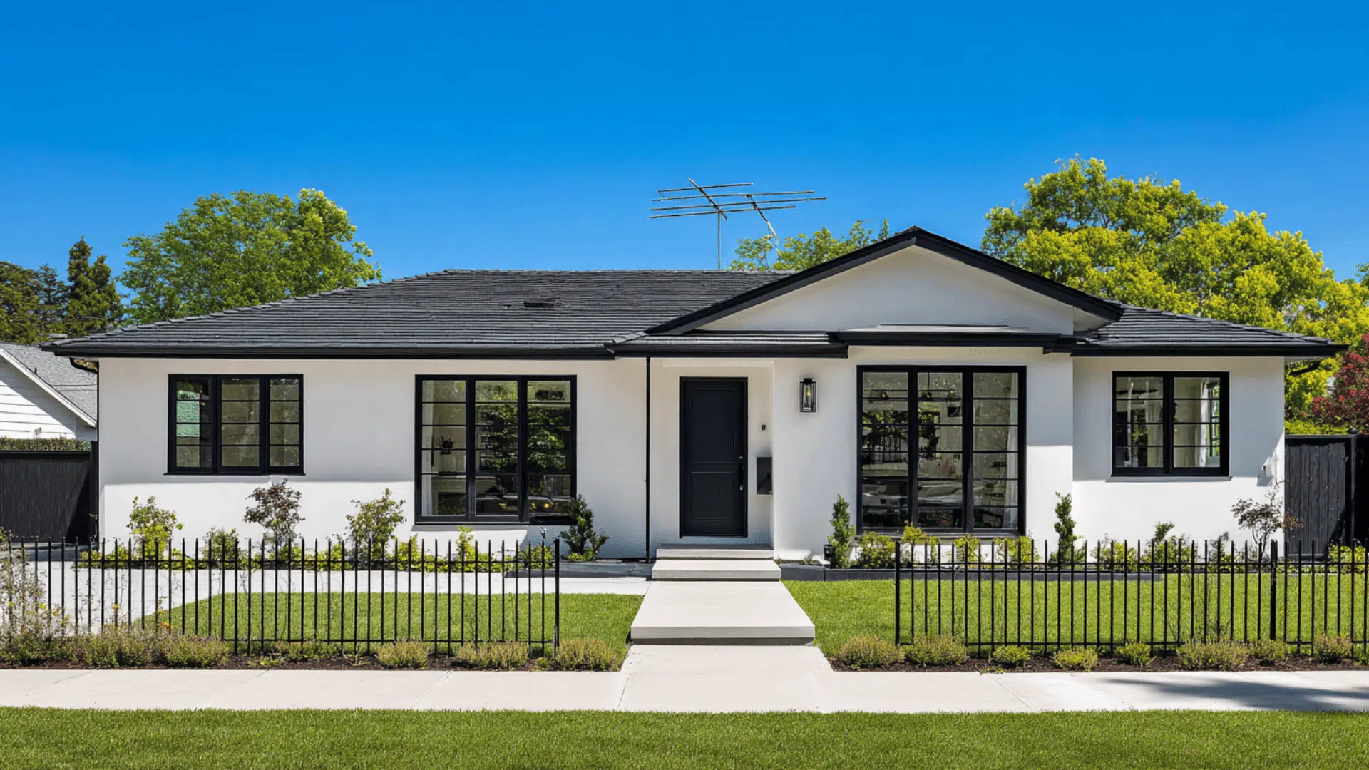 _Black Window Frames on A Clean White Ranch Facade