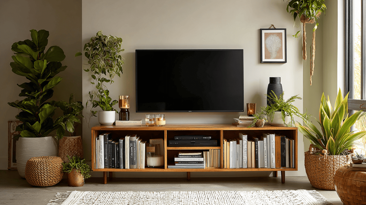 TV stand styled with books arranged horizontally and vertically for a layered look