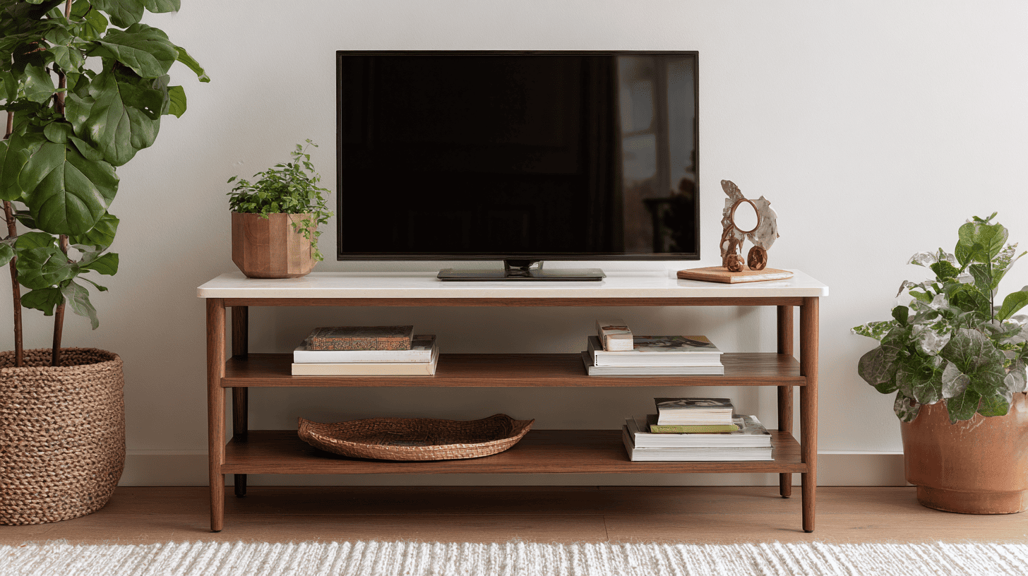 TV stand bottom shelf styled with functional decor and organized accessories
