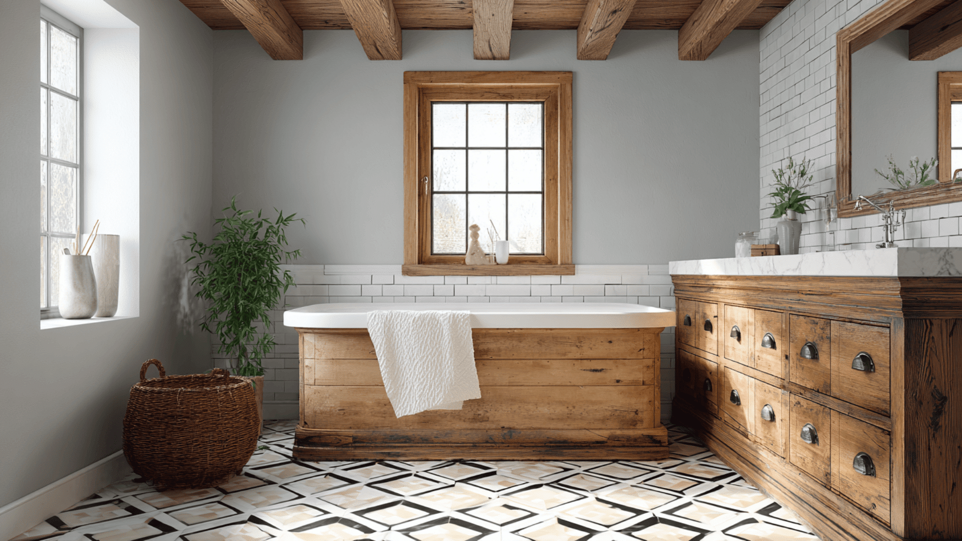 Brick Look Tile Floor With White Shiplap Walls