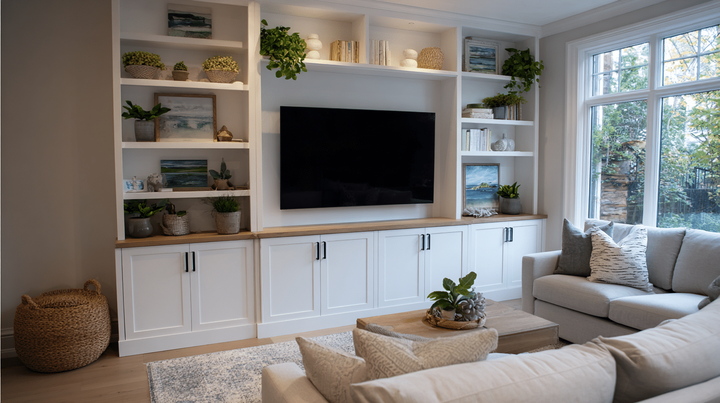 TV stand designed with symmetrical shelving, creating a custom-built-in living room look