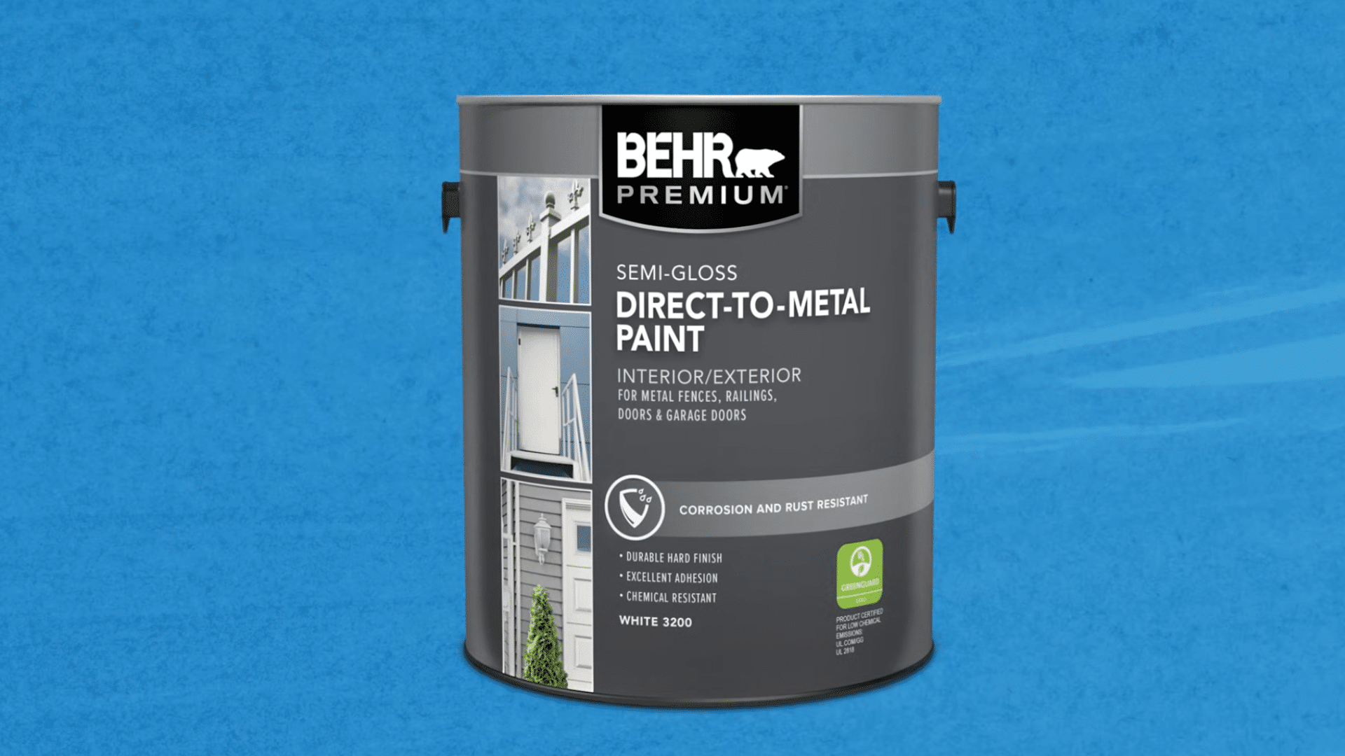 Can of direct-to-metal semi-gloss paint labeled corrosion and rust resistant for interior and exterior use.