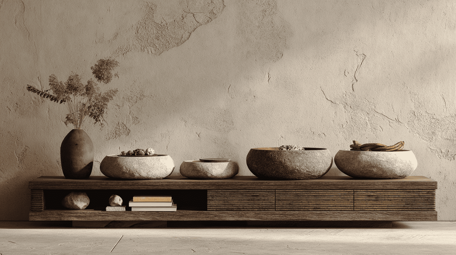 Modern TV stand decorated with ceramic bowl accessories, adding texture and functional storage
