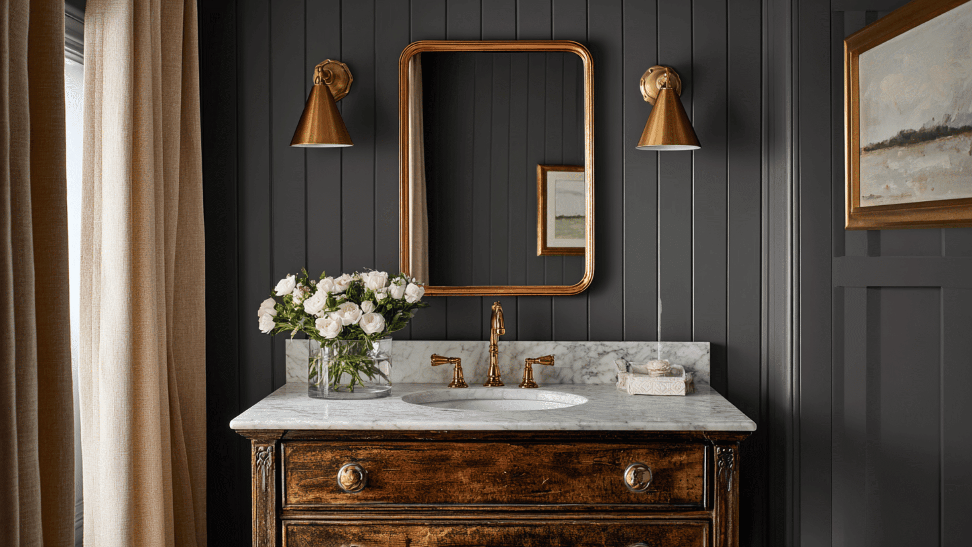 Charcoal Accent Wall With Brass Highlights