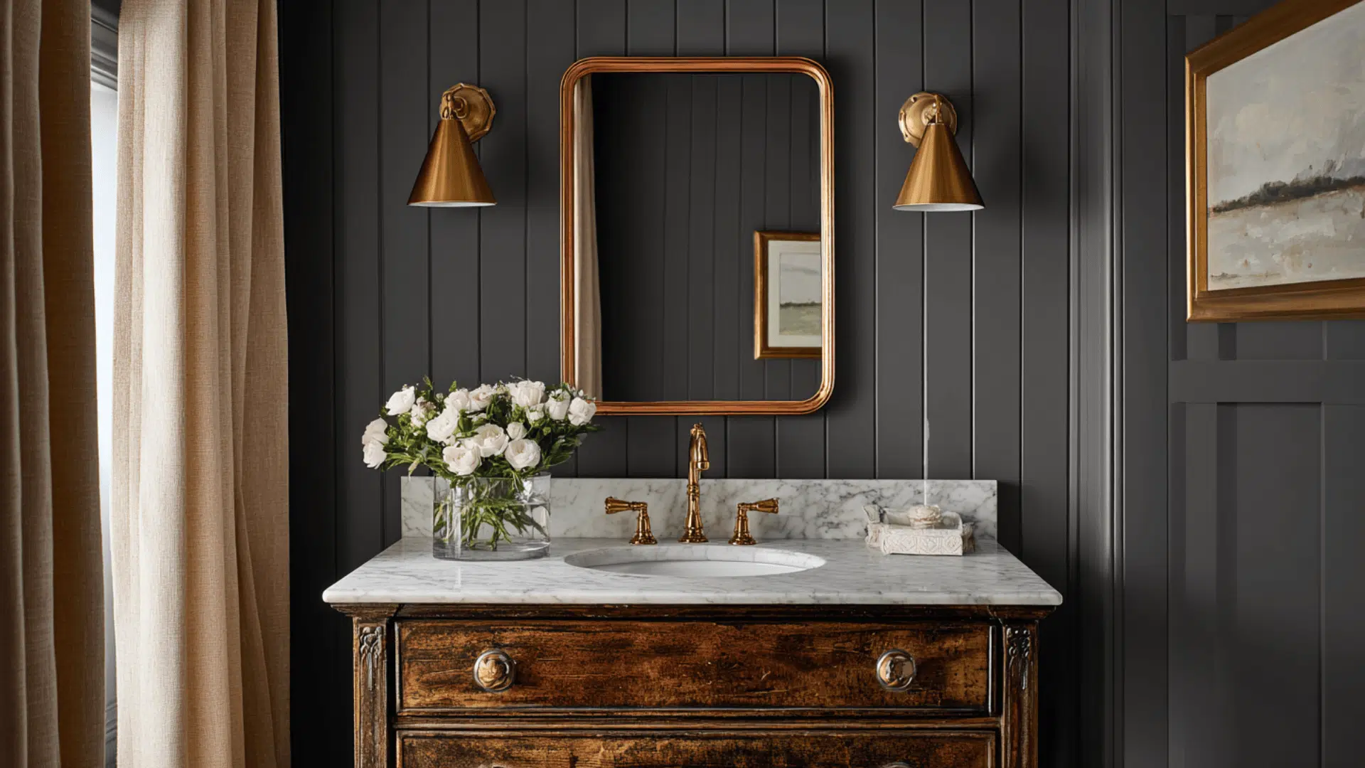 Charcoal Accent Wall With Brass Highlights