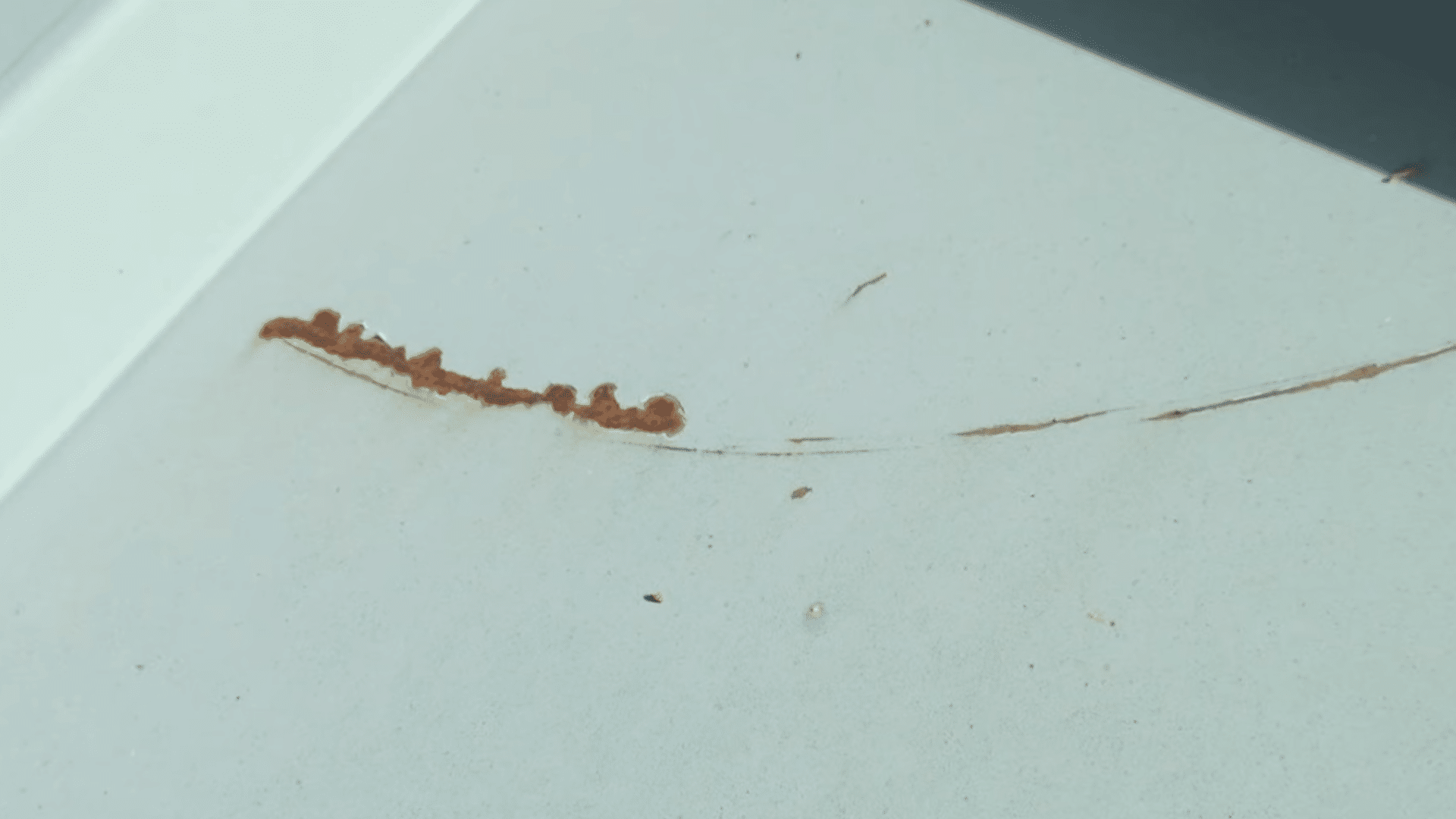 Close-up of metal roof panel with visible rust and surface cracks, showing corrosion before painting.
