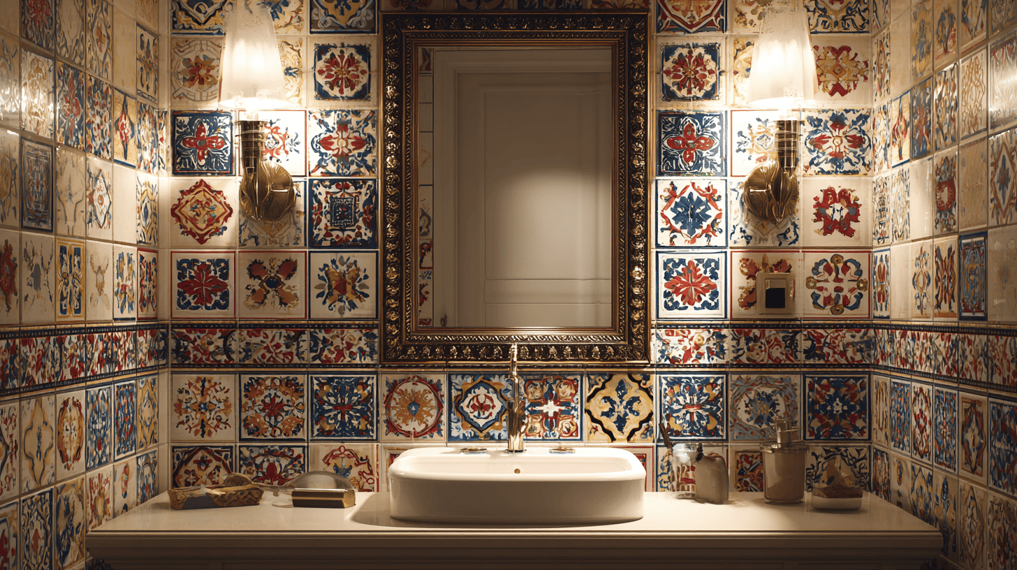 Colorful Accent Tiles Around Mirror Spanish Bathroom