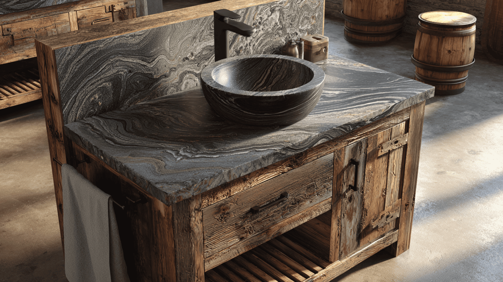 Concrete Look Countertops With A Warm Wood Vanity