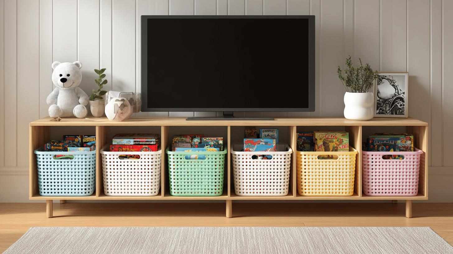Kids’ TV stand styled with decorative storage bins for organized and playful functionality