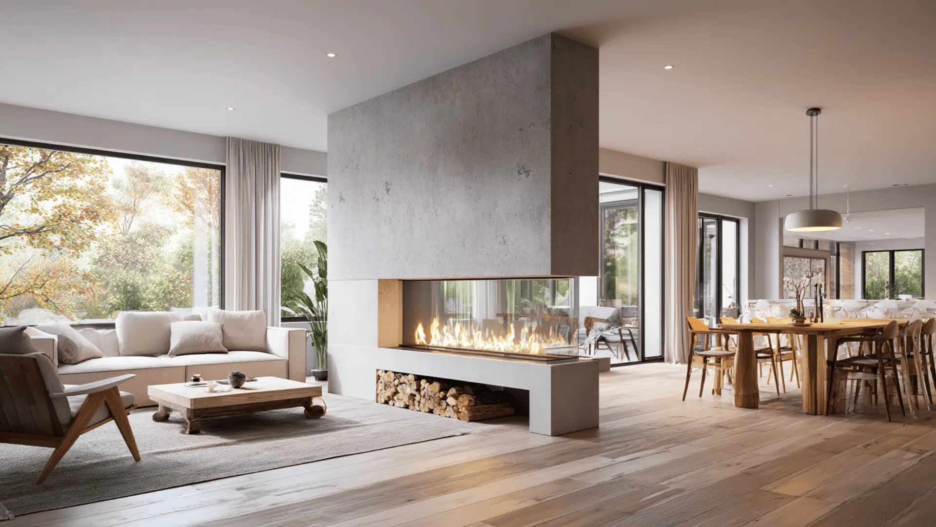 Double Sided Fireplace .Between Living And Dining