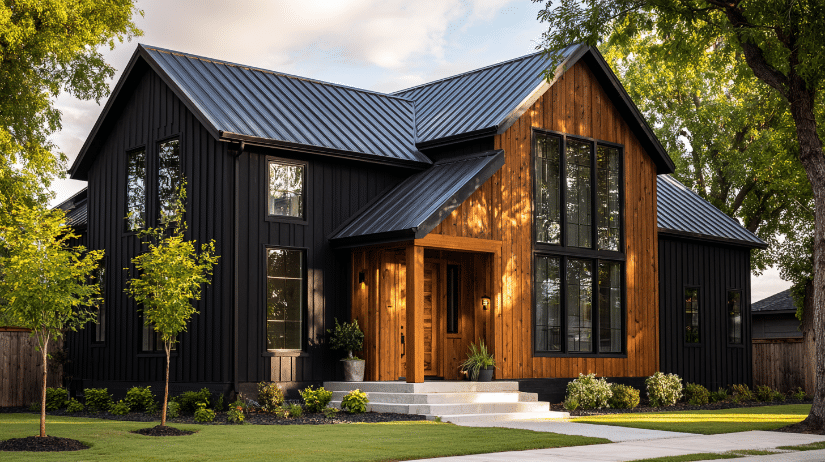 Farmhouse Exterior With Black And Wood Contrast