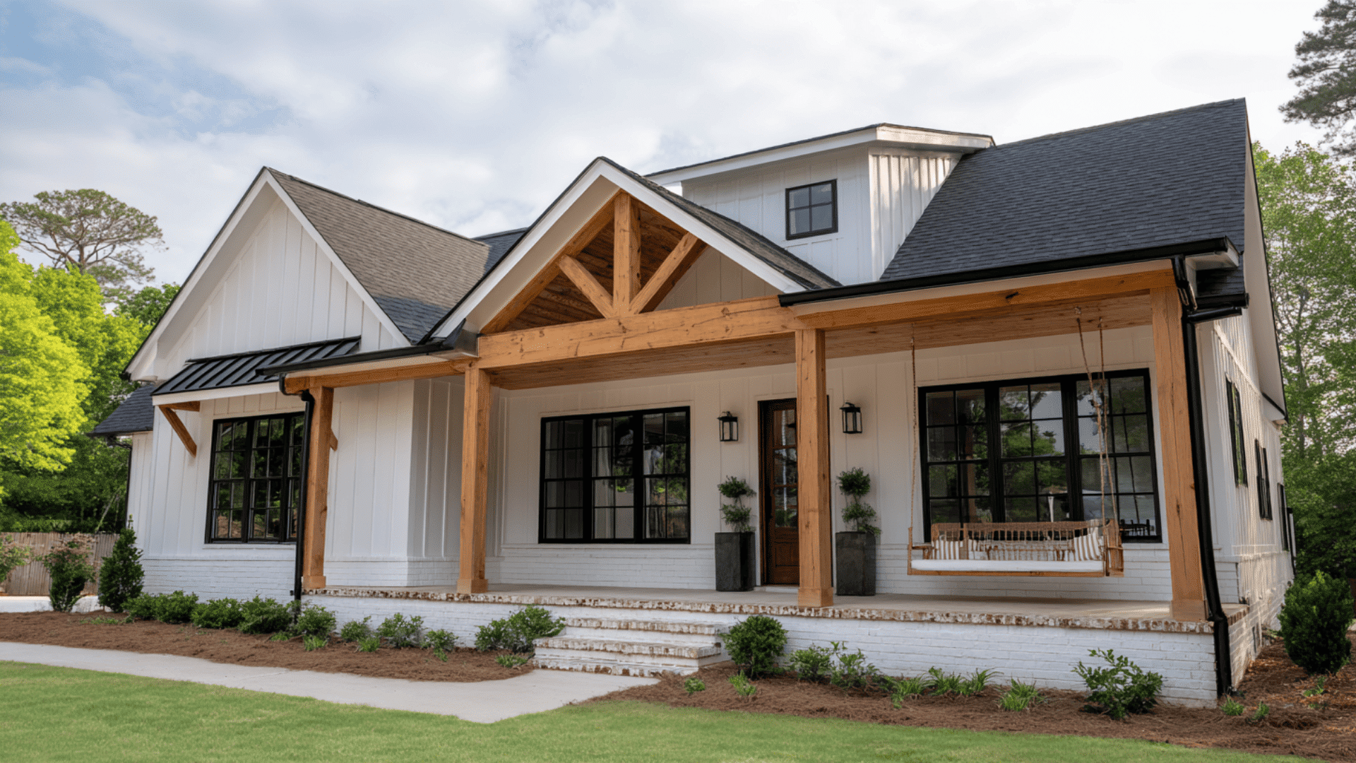 _Farmhouse Feel Black Windows Wood Beams Simple Porch Swing