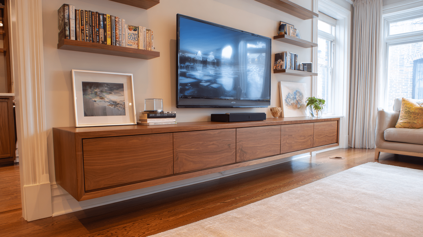 Modern TV stand setup with floating cabinets creating a sleek, space-saving storage solution
